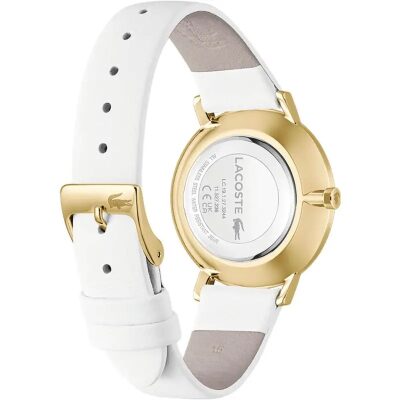 montre lacoste femme crocorigin acier doré et cuir blanc quartz 35 mm