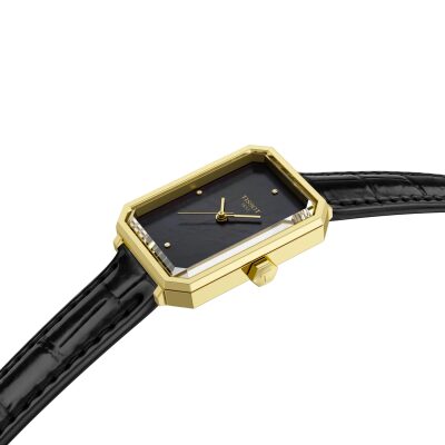 montre tissot femme SRV acier doré bracelet cuir noir boitier rectangulaire quartz cadran nacre noire art déco