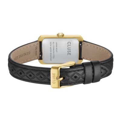 Montre Cluse Belisenna Acier Inoxydable Doré Quartz Rectangulaire 21X32Mm Fond Blanc Bracelet Cuir De Vache Noir