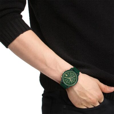 montre lacoste homme 12.12 move chronographe multifonction vert 42 mm bracelet silicone vert foncé