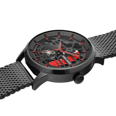 montre pierre lannier homme paddock acier noir bracelet maille milanaise noire automatique squelette fabrication française