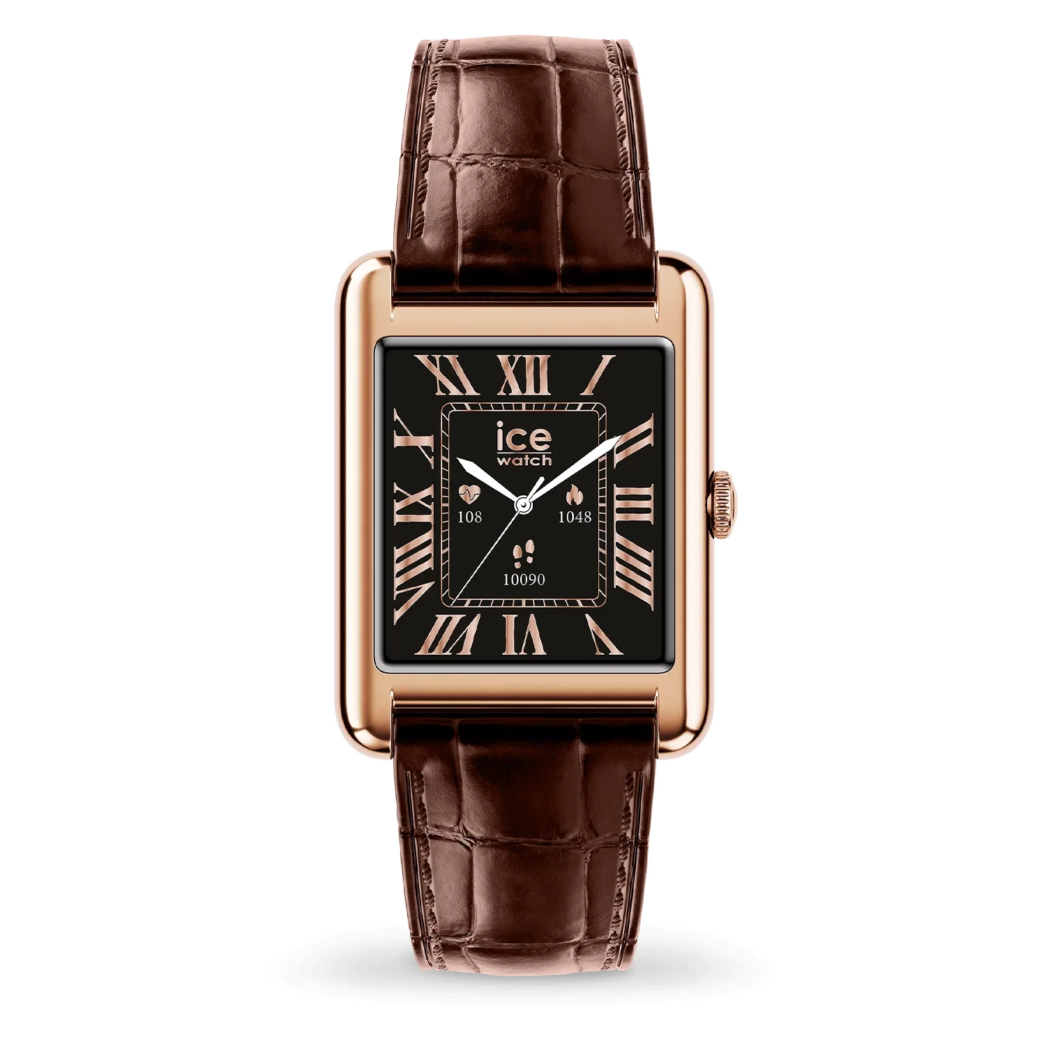 montre ice watch -ice-smart-tk-2-0-rose-gold-brown-croco-1-41-32mm montre connectée look classique bracelet cuir marron boitier doré rose