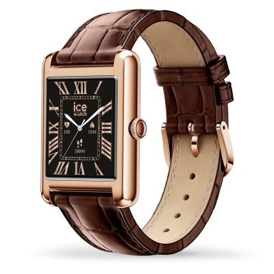 montre ice watch -ice-smart-tk-2-0-rose-gold-brown-croco-1-41-32mm montre connectée look classique bracelet cuir marron boitier doré rose