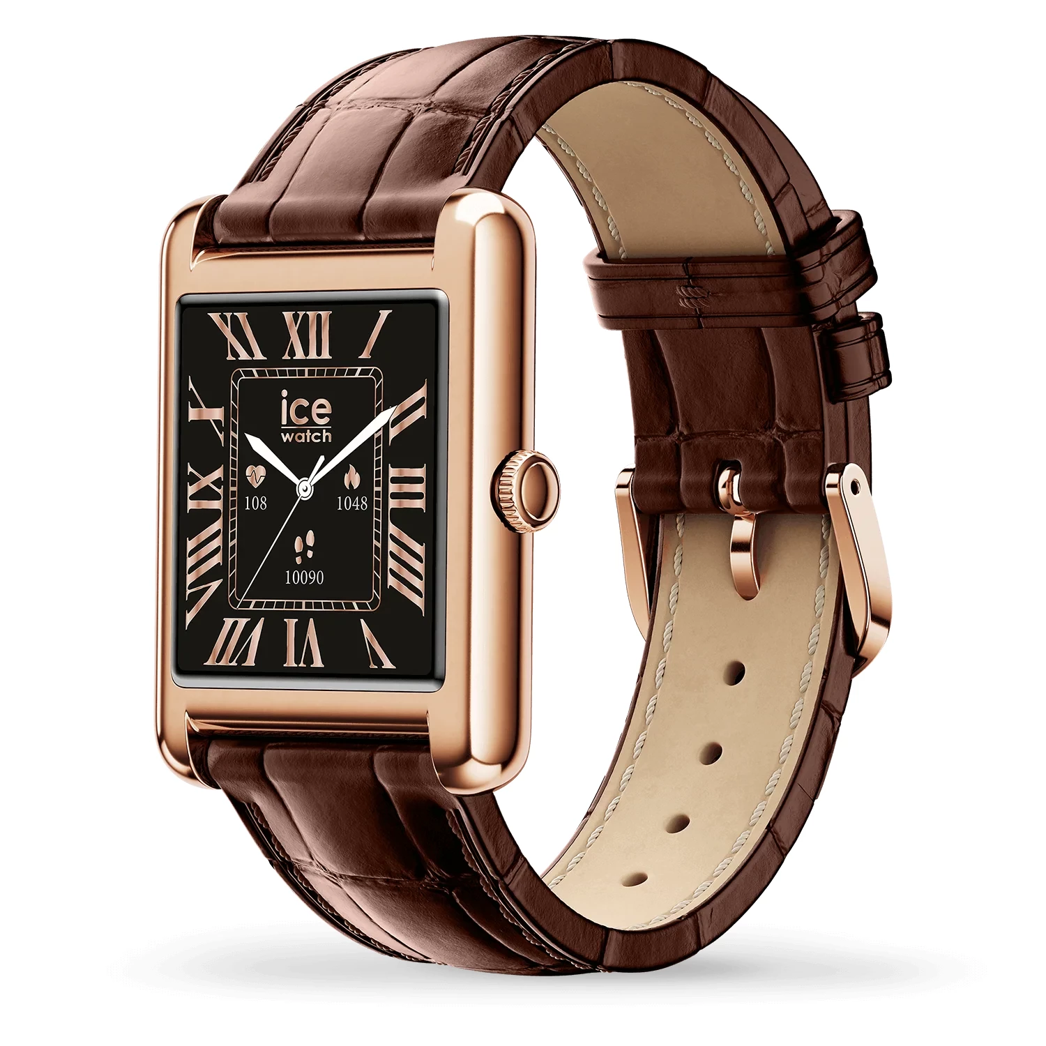 montre ice watch -ice-smart-tk-2-0-rose-gold-brown-croco-1-41-32mm montre connectée look classique bracelet cuir marron boitier doré rose