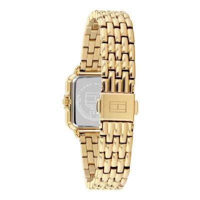 montre-tommy-hilfiger--femme- mia acier doré et vert cadran vert boitier carré bracelet acier doré