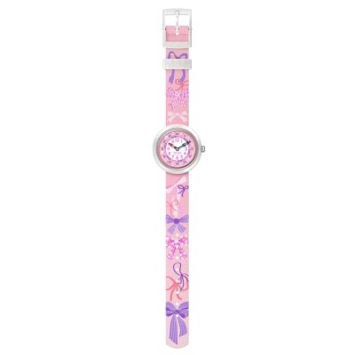 montre flik flak PICK a bow enfant rose nœuds bracelet textile avec noeuds roses