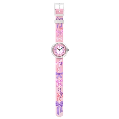 montre flik flak PICK a bow enfant rose nœuds bracelet textile avec noeuds roses