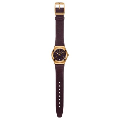 montre swatch irony heart of Burgundy boitier acier doré bracelet cuir bordeaux