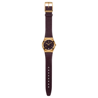 montre swatch irony heart of Burgundy boitier acier doré bracelet cuir bordeaux
