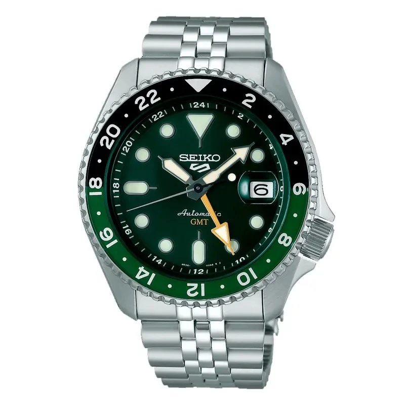 montre seiko 5 sports GMT automatique homme acier et vert maille jubilee cadran vert bracelet acier