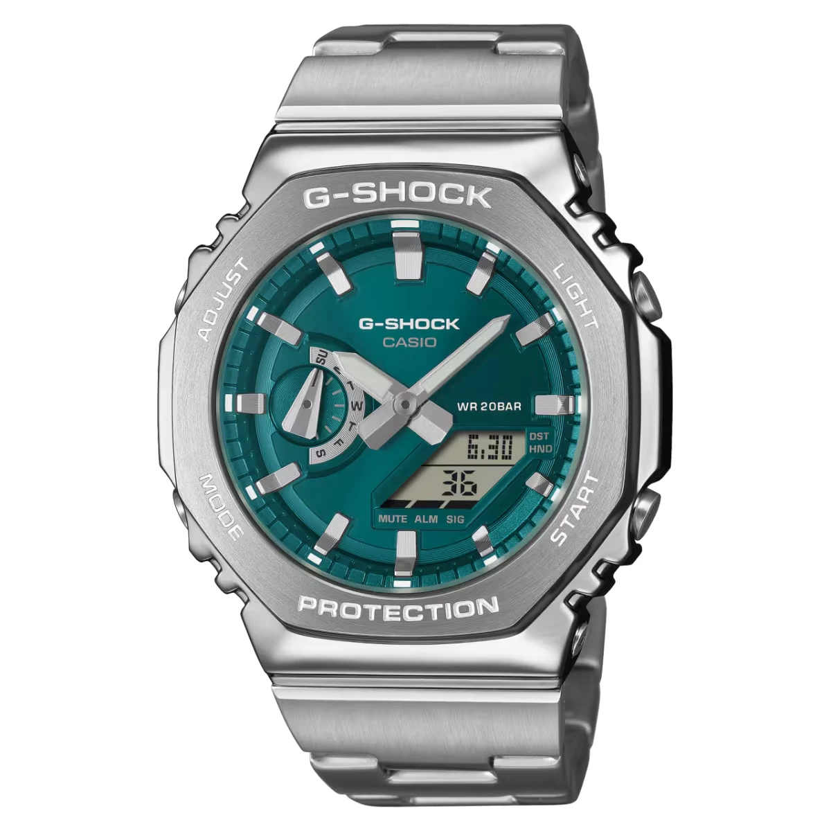 montre casio g shock GM 2100 serie acier et vert foncé étanche 20 bar bracelet acier
