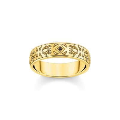 Bague Thomas Sabo ruban plaquée or, ornée de gemmes noires et de motifs