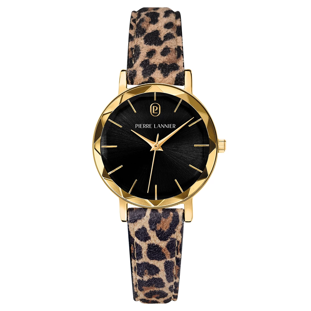 montre pierre lannier femme multiples acier doré bracelet cuir léopard fabrication française