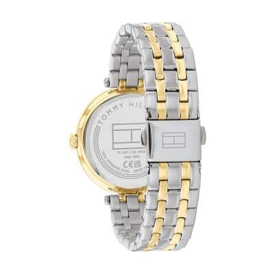 montre tommy hilfiger nathalie acier bicolore gris et jaune cadran noir lunette pavée de cristaux 34 mm
