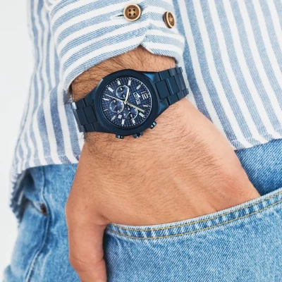 montre lotus excellent acier bleu bracelet acier bleu chronographe 41.8 mm