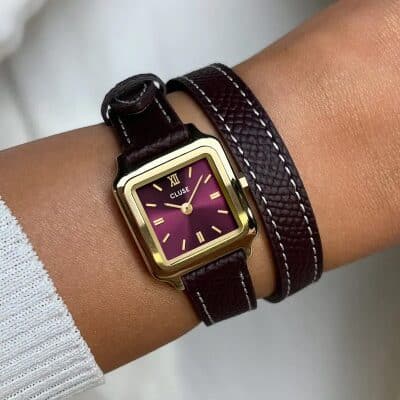 montre-gracieuse-mini-cluse vin acier doré bracelet double tour rouge foncé cuir