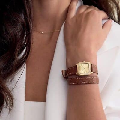 montre cluse gracieuse petite acier doré bracelet double tour cuir marron 24 mm