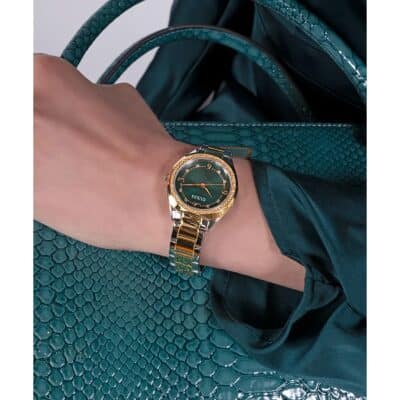montre guess femme charlotte acier doré et vert bracelet bicolore