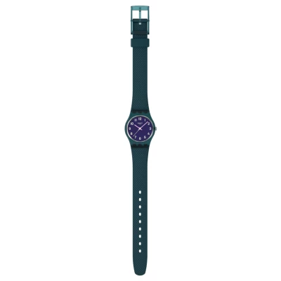 montre swatch lady teal weave cadran violet bracelet silicone vert foncé