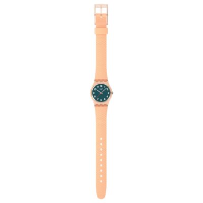 montre swatch lady peachy weave 25 mm quartz bracelet silicone orange clair cadran vert foncé