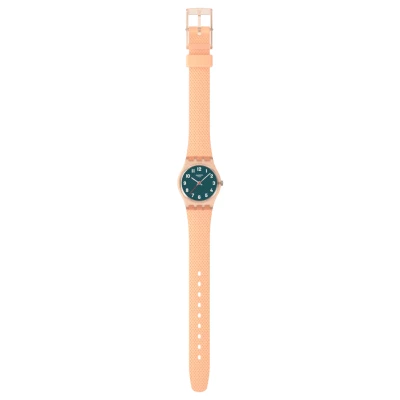 montre swatch lady peachy weave 25 mm quartz bracelet silicone orange clair cadran vert foncé