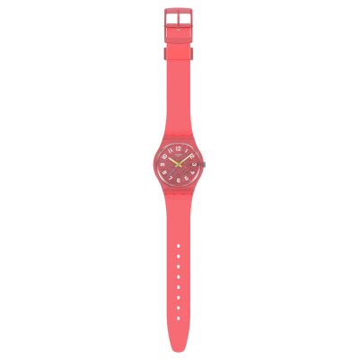montre swatch wavelenghts of coral boittier rose transparent bracelet silicone rose corail 34 mm