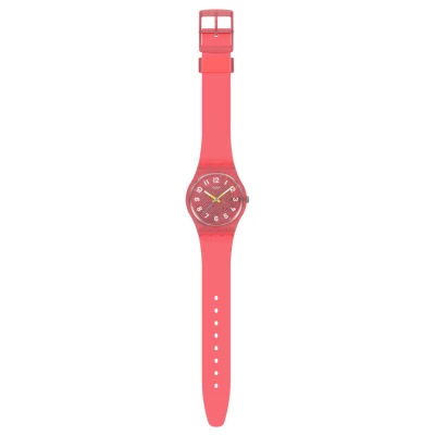 montre swatch wavelenghts of coral boittier rose transparent bracelet silicone rose corail 34 mm