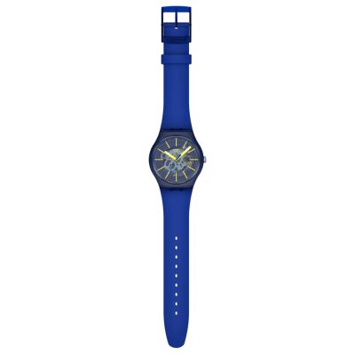 montre swatch revealed in the depths bracelet biosourcé bleu cadran transparent bleu