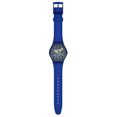 montre swatch revealed in the depths bracelet biosourcé bleu cadran transparent bleu