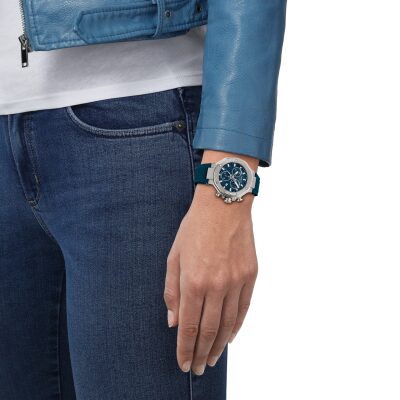 montre tissot t race 38 mm quartz chronographe acier et bleu