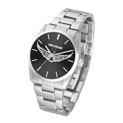 Montre Zadig et Voltaire femme en acier avec ailes argentées et cadran noir. Boitier diamètre 36 mm. Quartz. Livraison gratuite. Expédition 24H. Paypal 4X.