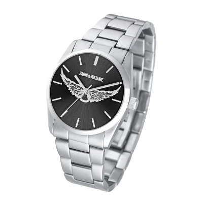 Montre Zadig et Voltaire femme en acier avec ailes argentées et cadran noir. Boitier diamètre 36 mm. Quartz. Livraison gratuite. Expédition 24H. Paypal 4X.