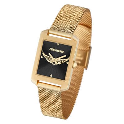 Montre Zadig et Voltaire avec boîtier en acier doré brillant, cadran noir et ailes dorées Bracelet acier maille milanaise doré 22 X 34 mm boitier rectangulaire