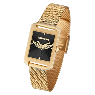 Montre Zadig et Voltaire avec boîtier en acier doré brillant, cadran noir et ailes dorées Bracelet acier maille milanaise doré 22 X 34 mm boitier rectangulaire