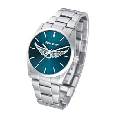 Montre Zadig et Voltaire femme en acier avec ailes argentées et cadran bleu pétrol. Boitier diamètre 36 mm. Quartz.
