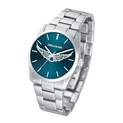Montre Zadig et Voltaire femme en acier avec ailes argentées et cadran bleu pétrol. Boitier diamètre 36 mm. Quartz.