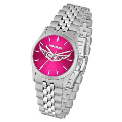 montre zadig et voltaire acier cadran rose fuschia et ailes argentées 30 mm