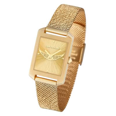Montre Zadig et Voltaire avec boîtier en acier doré brillant, cadran doré et ailes dorées Bracelet acier maille milanaise doré. Expédition 24h. Livraison gratuite.