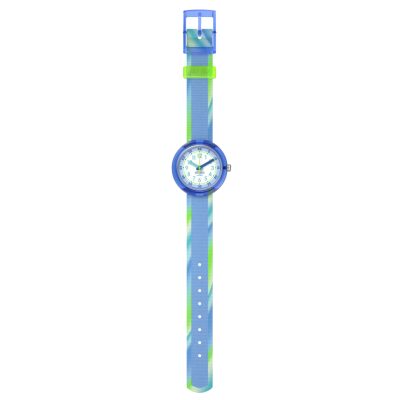 montre flik flak enfant flip it blue! aux tons bleus vifs et verts acidulés. Son design éducatif aide les enfants à apprendre à lire l’heure