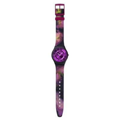 montre swatch skin paradise bloom bracelet silicone multicolore et cadran violet boitier noir mat 34 mm