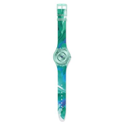 montre swatch skin paradise mist bleu turquoise 34 mm bracelet silicone bleu multicolore