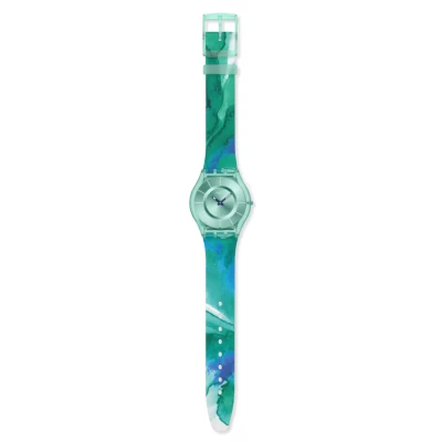 montre swatch skin paradise mist bleu turquoise 34 mm bracelet silicone bleu multicolore