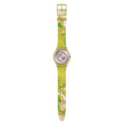 Montre Swatch Skin Paradise Canopy ultra-fine et ultra-légère, boîtier biosourcé mat transparent vert clair et bracelet à motif multicolore.
