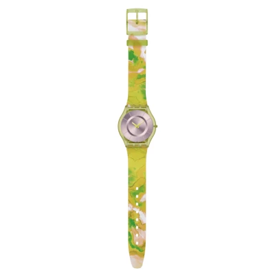 Montre Swatch Skin Paradise Canopy ultra-fine et ultra-légère, boîtier biosourcé mat transparent vert clair et bracelet à motif multicolore.