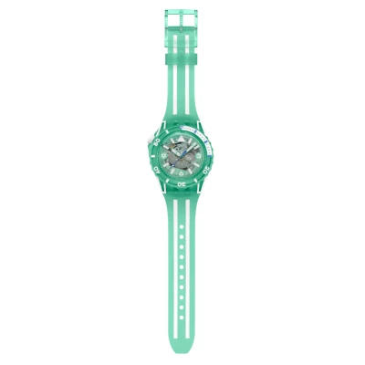 montre swatch scubaqua medusae vert d'eau montre de plongée bracelet silicone vert d'eau et blanc plage été