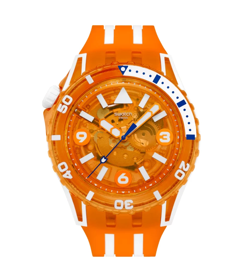 montre swatch scuaqua pacific sea nettle orange et blanche bracelet silicone montre plongée été plage