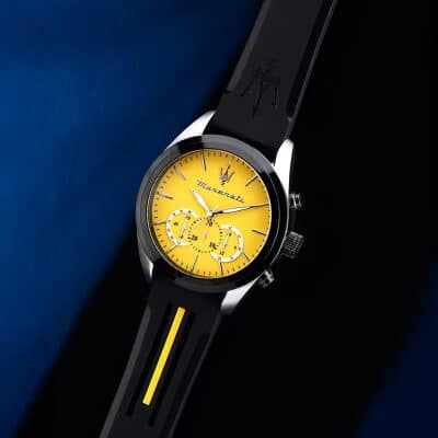 montre-maserati-traguardo acier et noir cadran jaune 45 mm chronograph