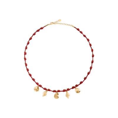 collier agatha calypso corde rouge et pampilles coquillages doré
