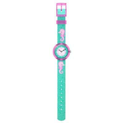 montre flik flak bubbly seahorse enfant hippocampe rose et turquoise