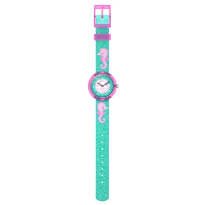montre flik flak bubbly seahorse enfant hippocampe rose et turquoise